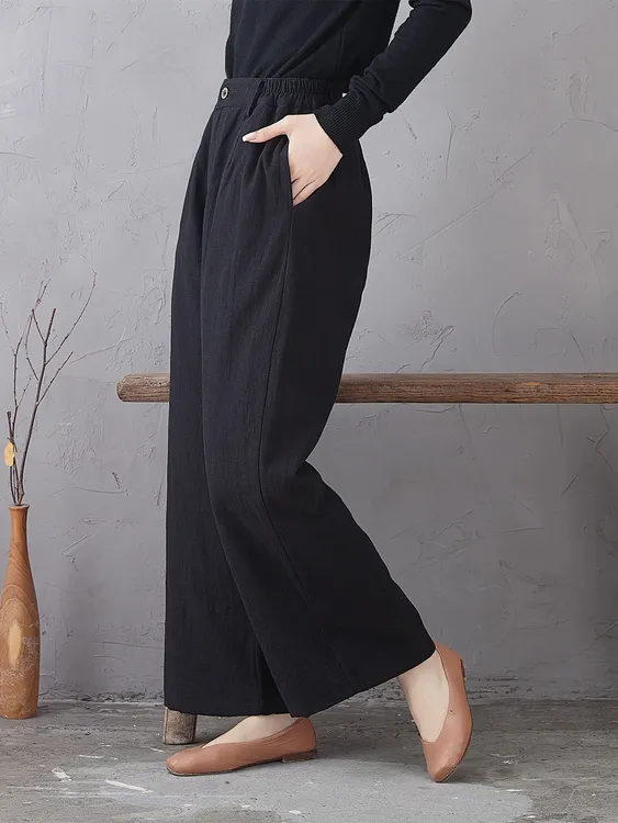 棉麻夹棉冬加厚长裤女文艺复古宽松直筒裤百搭知性微阔亚麻棉裤