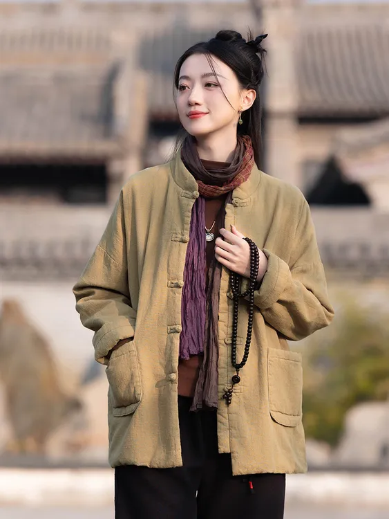 中式复古立领盘扣禅意苎麻棉衣女式夹棉加厚棉袄24冬新品国风棉服
