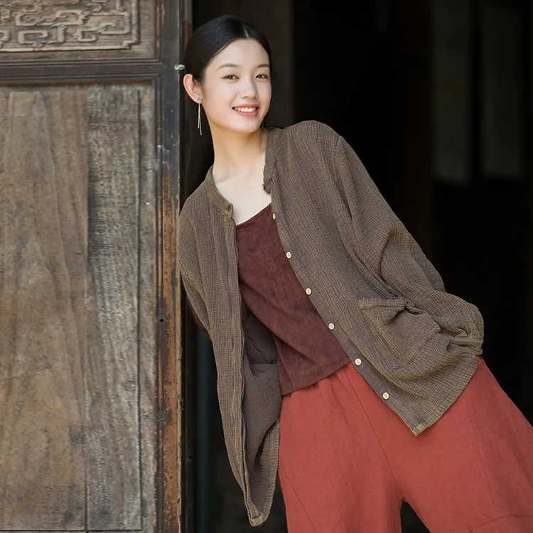 个性百搭宽松显瘦长袖外套女复古文艺开衫肌理皱休闲开衫上衣24秋