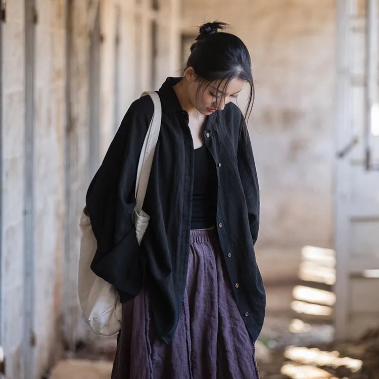 苎麻棉砂洗早秋装外搭衬衫文艺蝙蝠袖复古衬衣女休闲百搭棉麻上衣