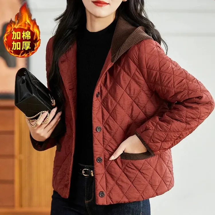 夹棉轻薄棉服外套女2024冬季保暖棉衣时尚拼接洋气减龄妈妈小棉袄