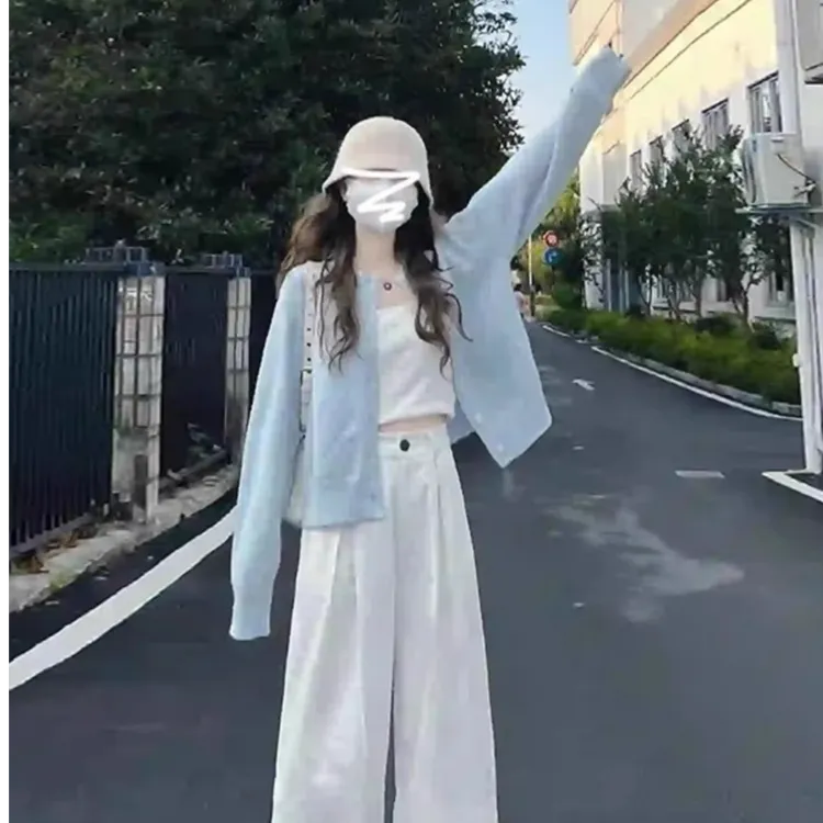 蓝色针织开衫外套女秋冬2025年新款秋冬季小个子穿搭高级感上衣女