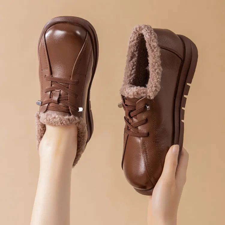 真皮妈妈棉鞋平底防滑一脚蹬冬季女鞋中老年加绒老人单鞋保暖皮鞋