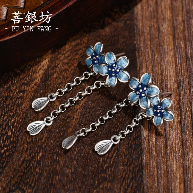 925银珐琅耳饰 【菩银坊】五福花耳钉 流苏 温柔 国风