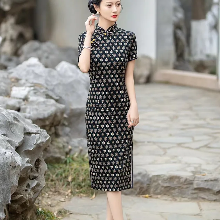 中国风旗袍显瘦气质时尚夏季复古中长款修身经典日常优雅印花旗袍