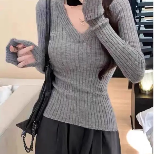 秋冬慵懒性感紧身内搭毛衣针织衫女高级设计感收腰打底衫灰色上衣