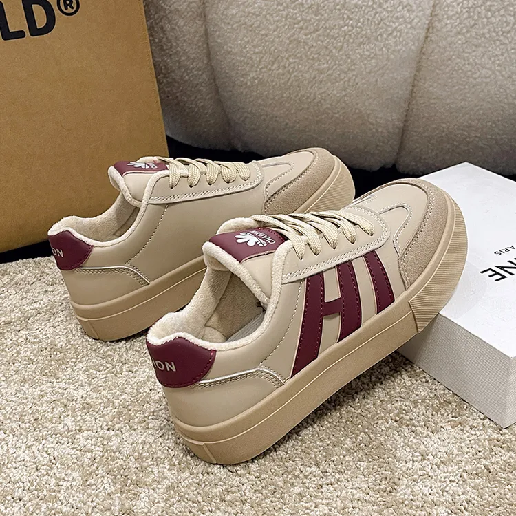 鞋子女ins潮百搭小众2023秋冬季新款加绒复古小白鞋二棉德训板鞋