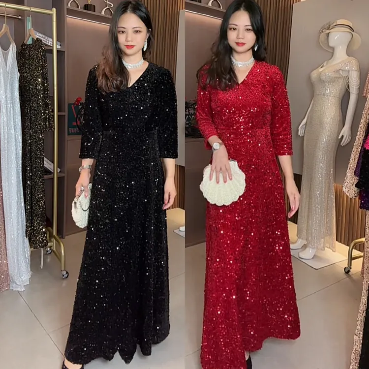 （裙长130cm）亮片礼服演出服连衣裙A裙遮肚子气质收腰七分袖大摆裙