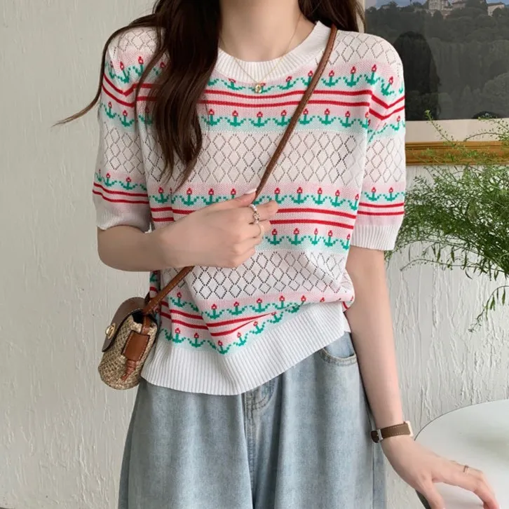 夏季新款薄款冰丝针织衫温柔镂空上衣复古提花短袖T恤女522