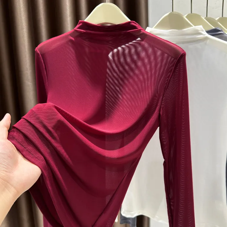 安可拉红蕾丝镂空半高领打底衫女新款轻薄网纱内搭洋气时尚小上衣