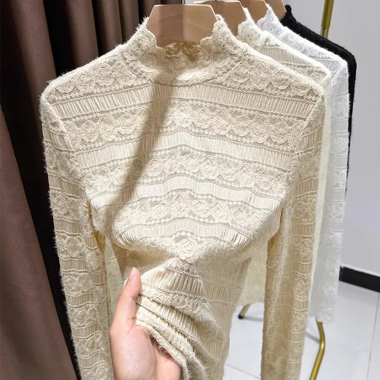 洋气半高领蕾丝打底衫女秋冬新款高级感毛衣内搭磨毛保暖长袖上衣