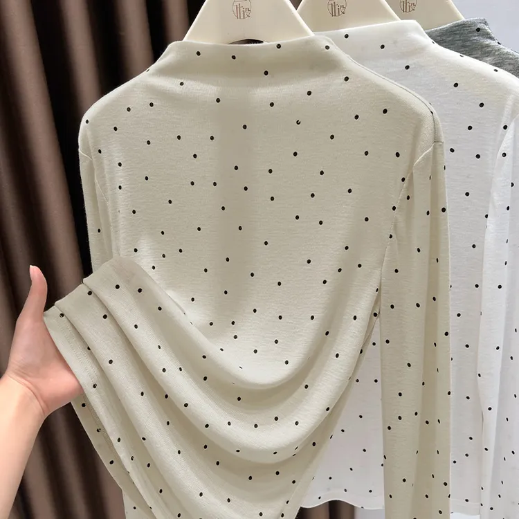 法式波点半高领打底衫女2025春秋季时尚叠穿修身长袖T恤上衣薄款