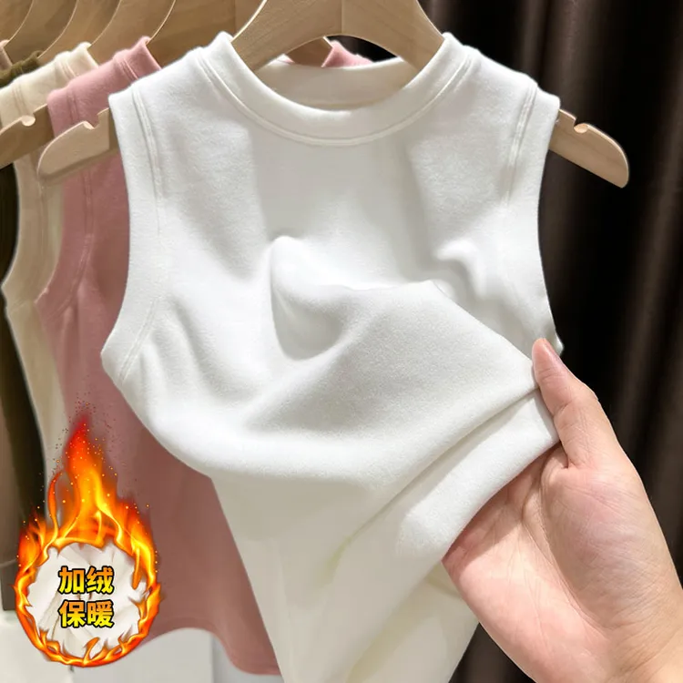 白色圆领德绒打底衫女秋冬新款无袖背心叠穿内搭加绒加厚保暖上衣