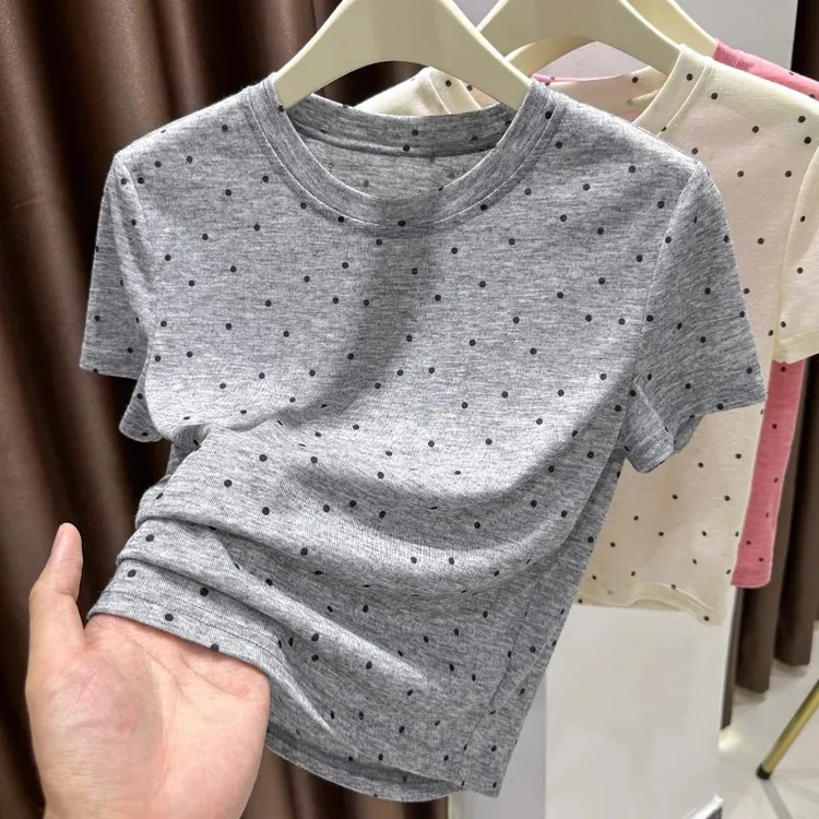 波点短袖t恤女夏季正肩修身短款圆领上衣内搭灰色面膜打底衫薄款