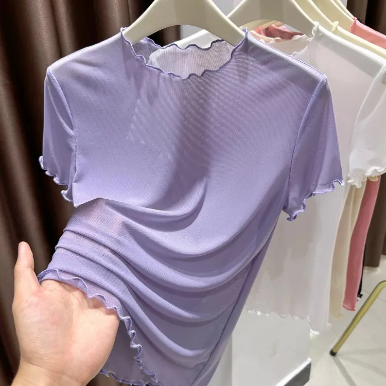 紫色蕾丝网纱短袖T恤女夏薄纱冰丝圆领木耳边上衣内搭微透打底衫