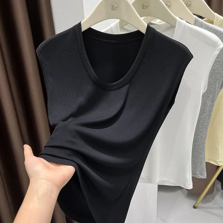 薄款针织衫短袖小坎肩上衣黑色低圆领无袖冰丝背心T恤外穿女夏季