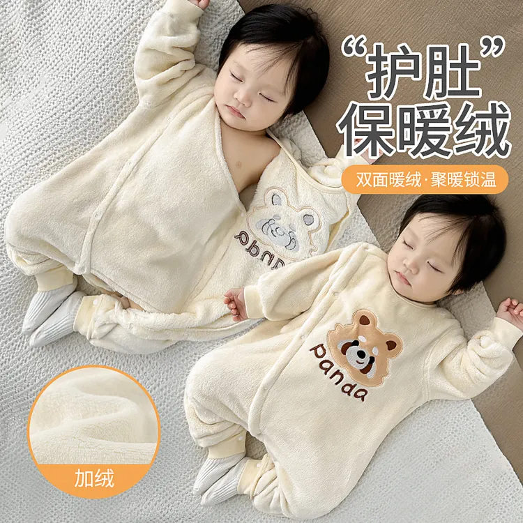 婴儿珊瑚绒法兰绒连体衣服女宝宝冬季保暖打底小月龄冬天加绒睡衣