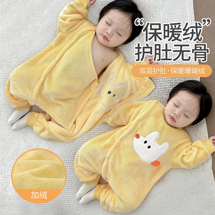 婴儿珊瑚绒睡衣冬天加绒连体衣服女宝宝小月龄冬季加厚法兰绒冬装