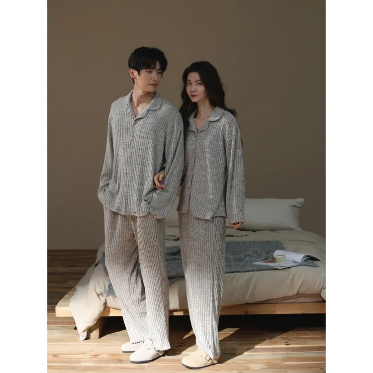 【德绒】情侣睡衣秋冬款双面磨毛保暖锁温开衫男女高档条纹家居服