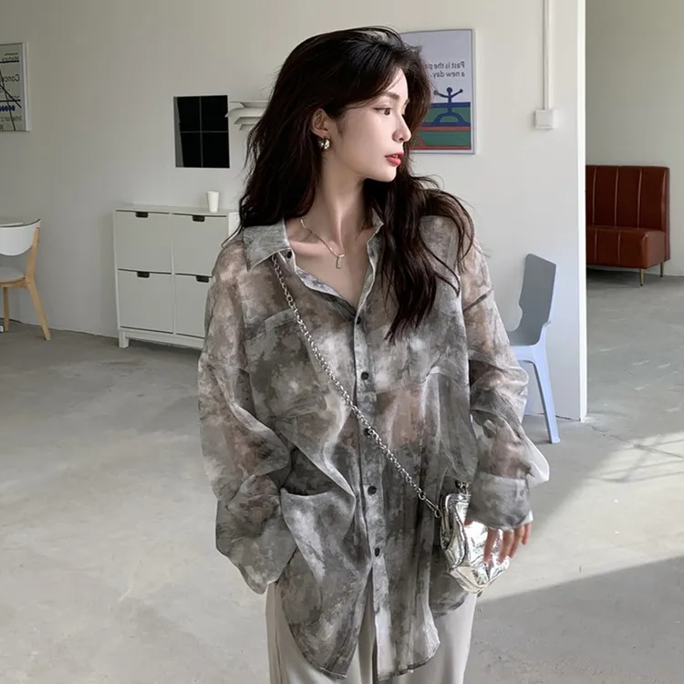 扎染正肩衬衫女夏季2025年新款吊带外搭开衫雪纺防晒衣服薄款衬衣