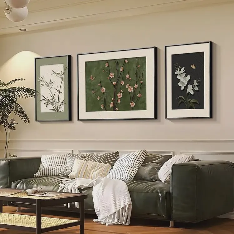 复古南洋风客厅装饰画挂画高级感中古风沙发背景墙壁画三联画绿色