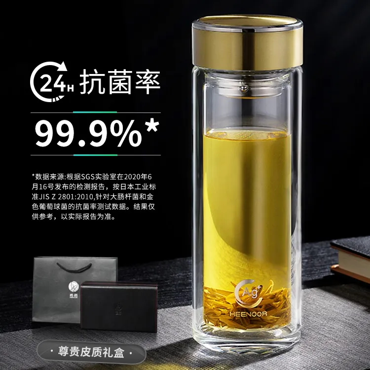 希诺高端双层银离子抗菌玻璃杯金钻年华上善若水皮质礼盒