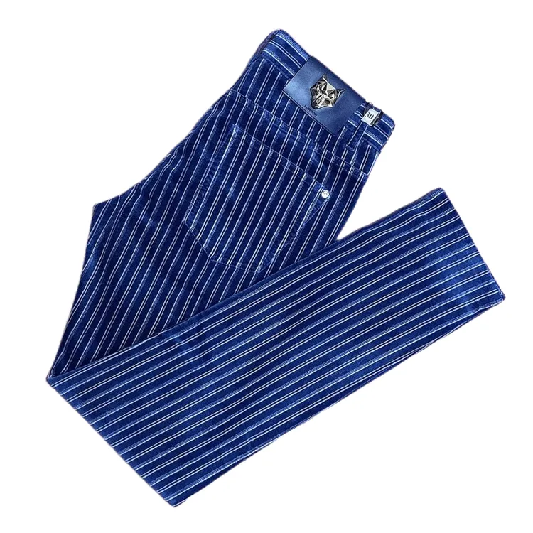 秋冬修身小直筒蓝色条纹平绒休闲裤男士潮流经典轻奢时尚舒适透气