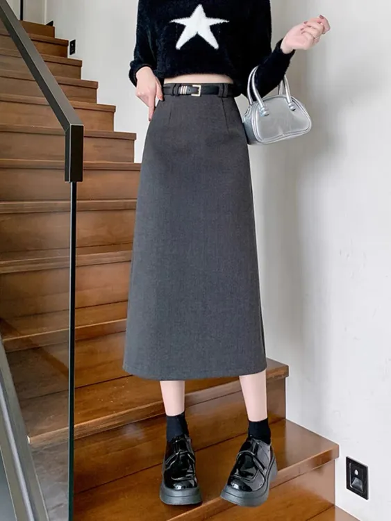 送腰带秋冬毛呢半身裙女新款高腰显瘦时尚A字包臀防走光百搭短裙