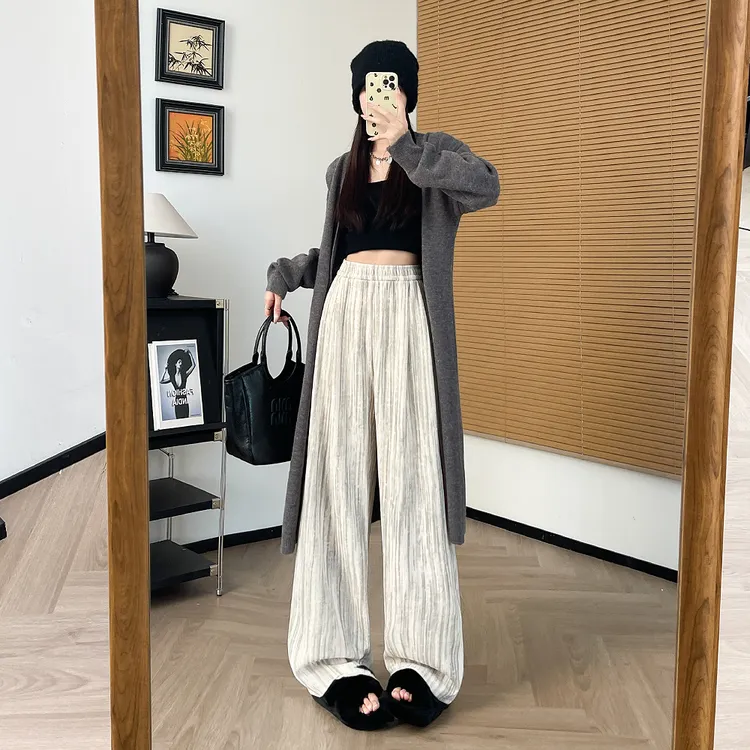 扎染雪尼尔阔腿裤女春秋2025高腰显瘦垂感宽松直筒休闲慵懒糯米裤