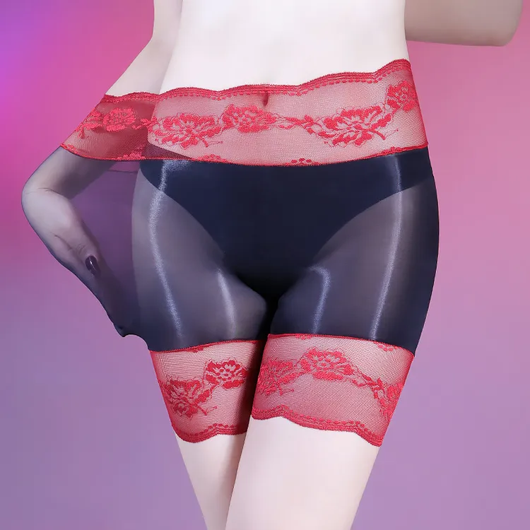 油亮爽滑透明无缝蕾丝大码平角内裤丝袜性感马油透气高腰塑形