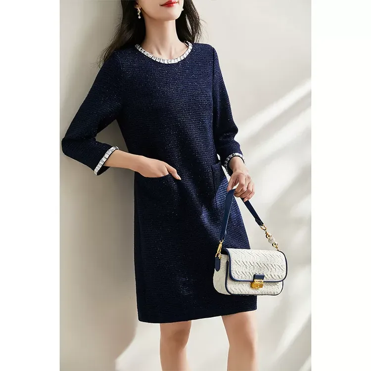 礼简漫 亮七分袖服式笈 早秋小香风乄简裁剪镶钻 丝粗花呢连衣裙