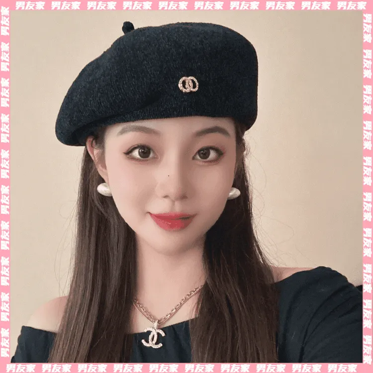 毛呢贝雷帽子女韩版时尚水钻双环百搭显脸小画家帽潮休闲气质纯色
