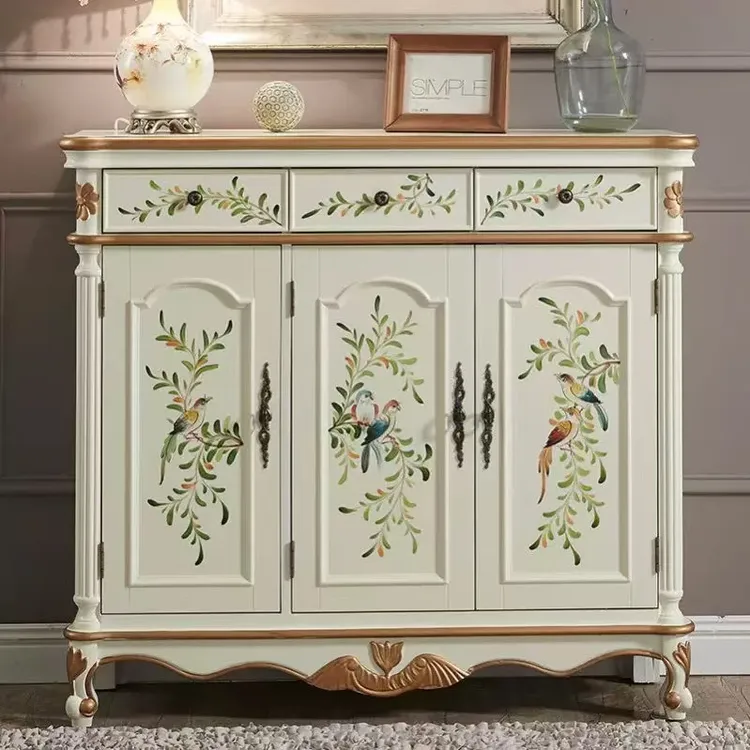 美式大容量鞋柜复古彩绘客厅多功能玄关实木鞋柜欧式储物收纳柜子