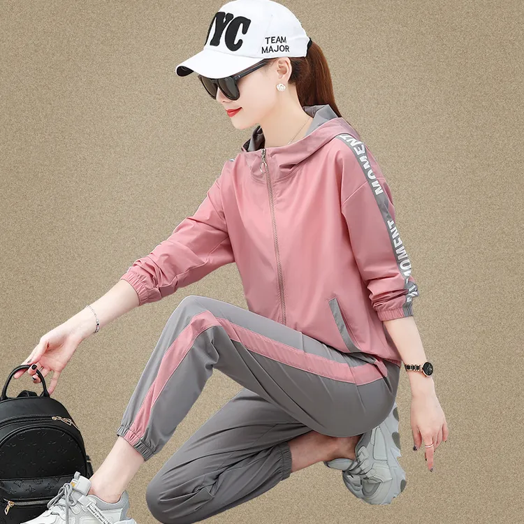 运动套装女春秋季2025新款女士大码宽松卫衣休闲跑步服薄款外套夏