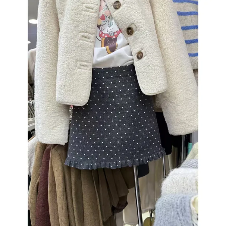 【波点花边裙】秋冬温柔风波点花边呢子短款半身裙女2025新款小个子