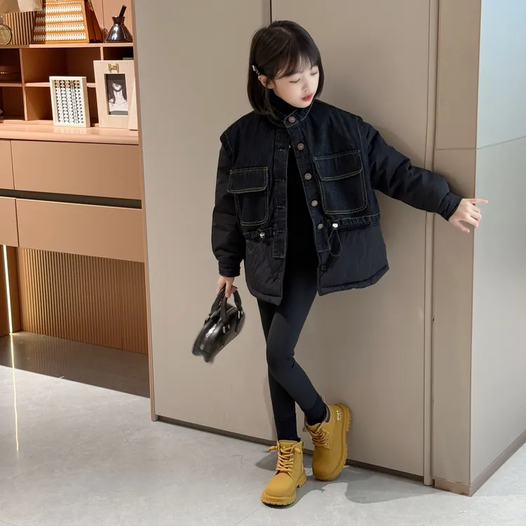 黑色牛仔拼接假两件棉服女童2025新款小众高级感加厚棉袄保暖外套