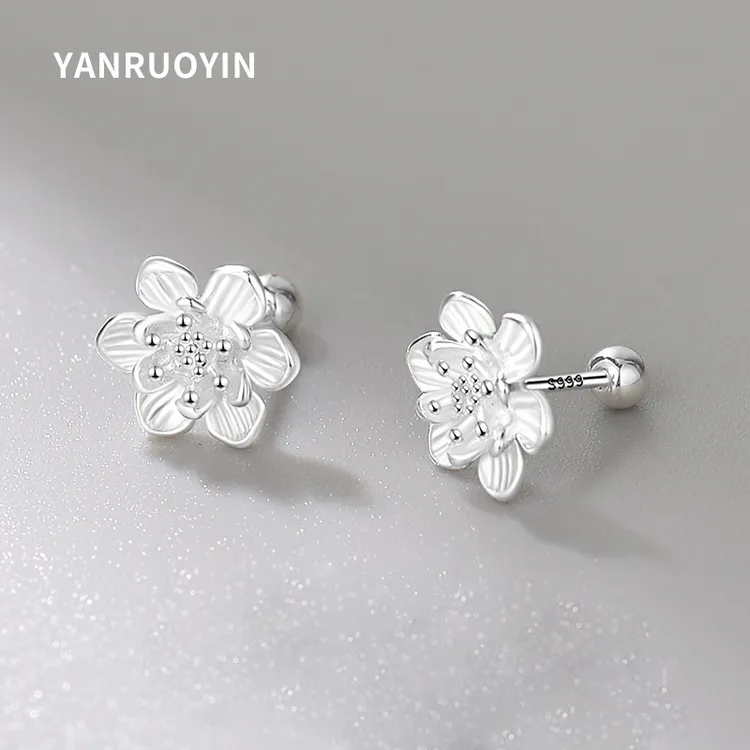 言若银 足银耳饰 999纯银莲花气质耳钉清新优雅森系甜美耳环ED294