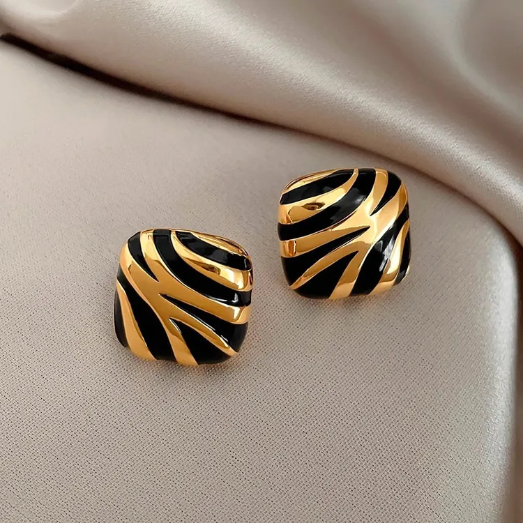 小众设计黑金撞色几何方形耳钉女高端大气耳环轻奢气质高级感耳饰