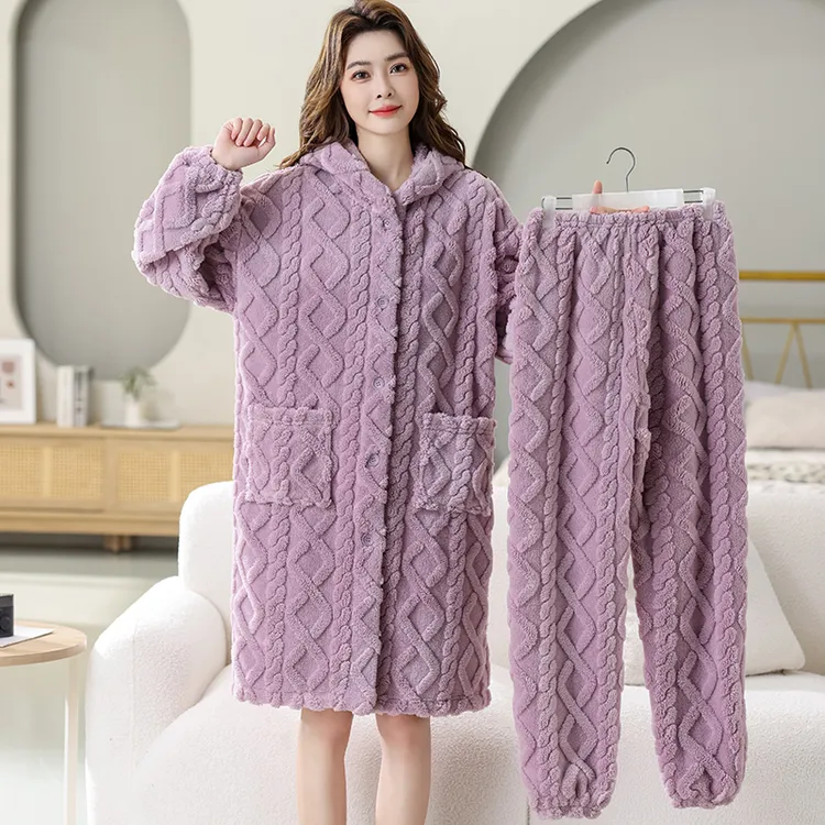 女士秋冬睡袍浴袍加厚提花长款珊瑚绒睡衣连帽家居服外穿保暖套装