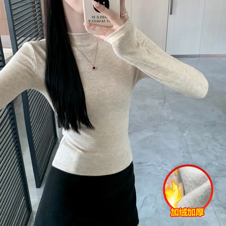 1062-小立领打底衫女秋冬加绒新款修身保暖长袖t恤内搭上衣纯色