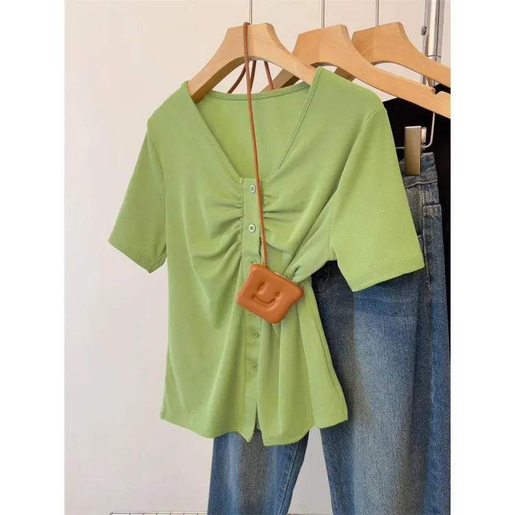 夏季新款大码女装设计感褶皱V领短袖t恤胖妹妹遮肚子显瘦休闲上衣