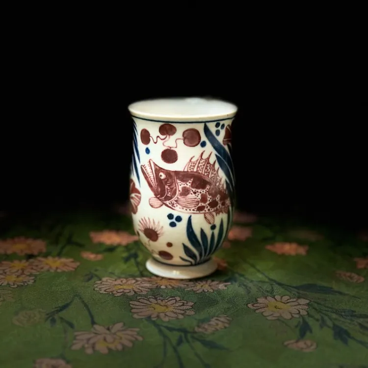 鱼藻纹玉兰杯矾红杯子茶杯创意陶瓷复古彩绘主人杯功夫茶具品茗杯