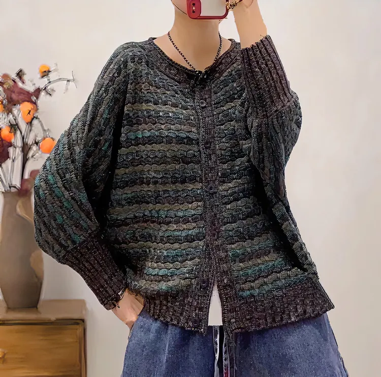 秋季新款彩色棉线毛衣编织开衫毛衣女文艺宽松长袖上衣外套针织衫