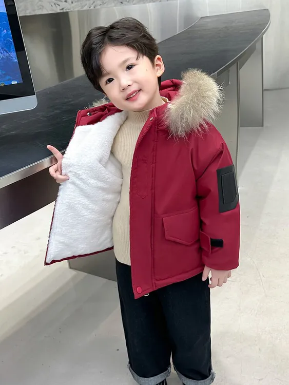 男童棉衣外套中小童洋气休闲加厚派克服儿童加绒加厚户外红色冬季