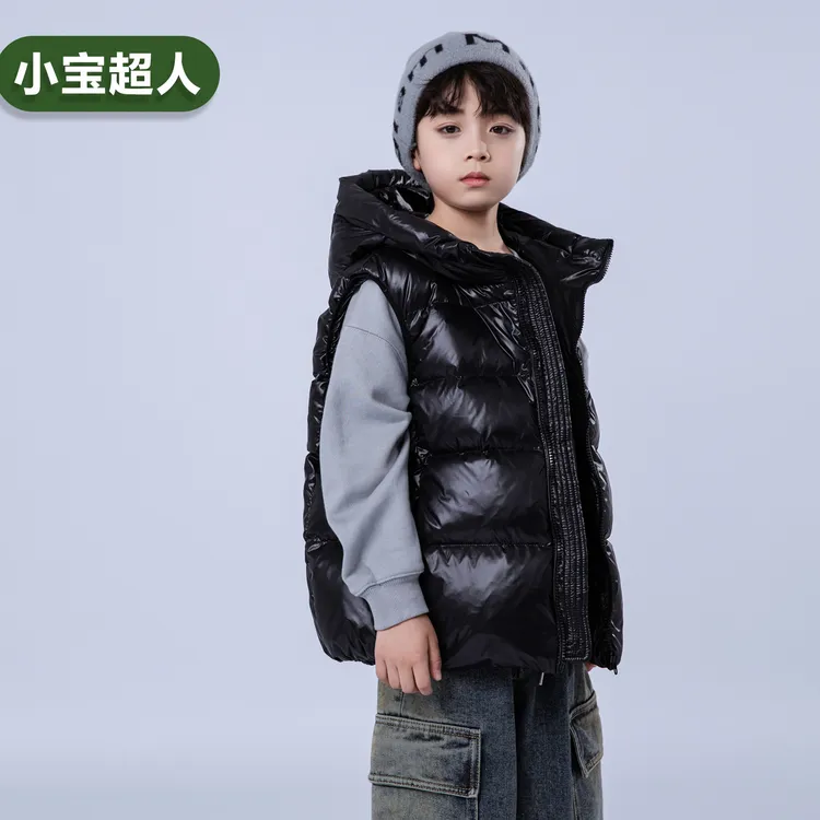 小宝超人儿童羽绒服男童女童中大童韩版黑金白鸭绒连帽马甲坎肩潮