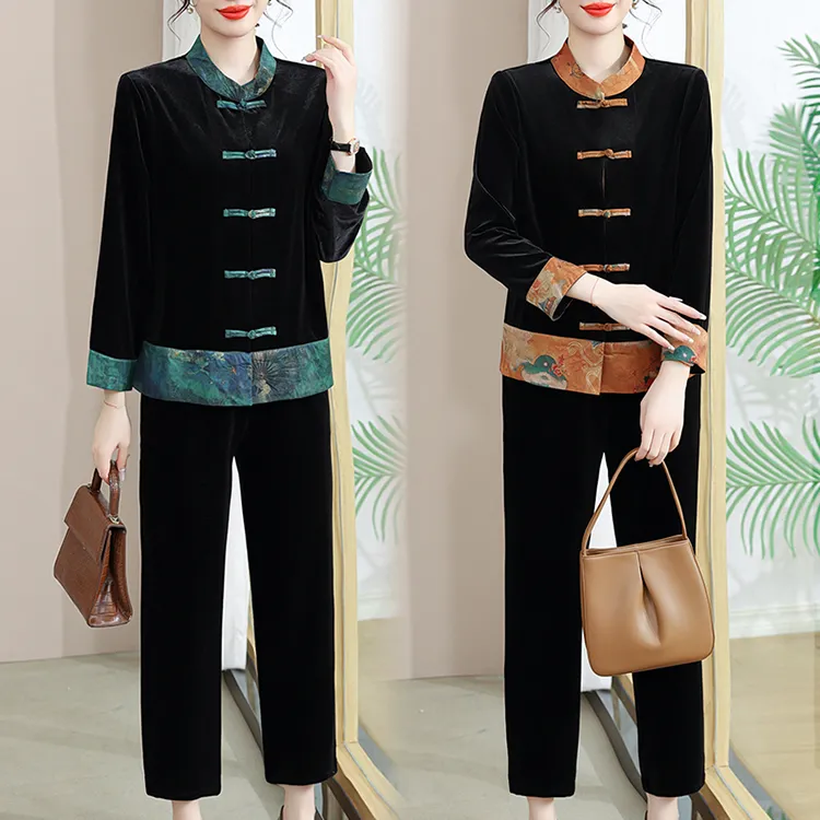 秋装新款中老年女装妈妈装金丝绒唐装盘扣外套时尚洋气八分裤套装