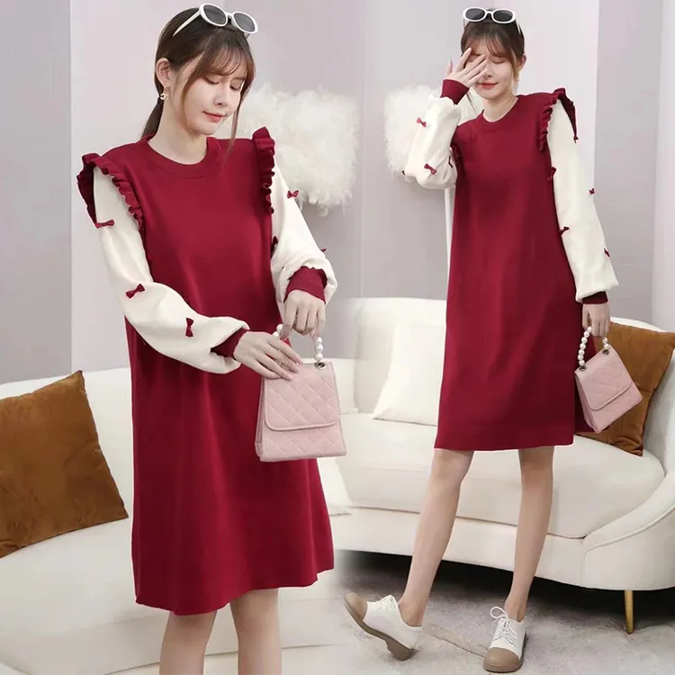 秋冬季孕妇装包芯纱毛衣大码假两件减龄连衣裙拼接遮肚裙子200斤