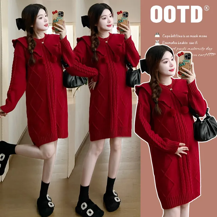 大码孕妇红色毛衣时尚新年网红洋气针织长裙显瘦减龄连衣裙200斤