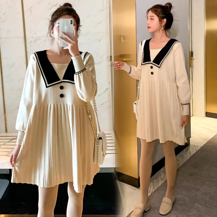 加大码孕妇翻领毛衣上衣春秋装中长款宽松针织遮肚连衣裙女200斤