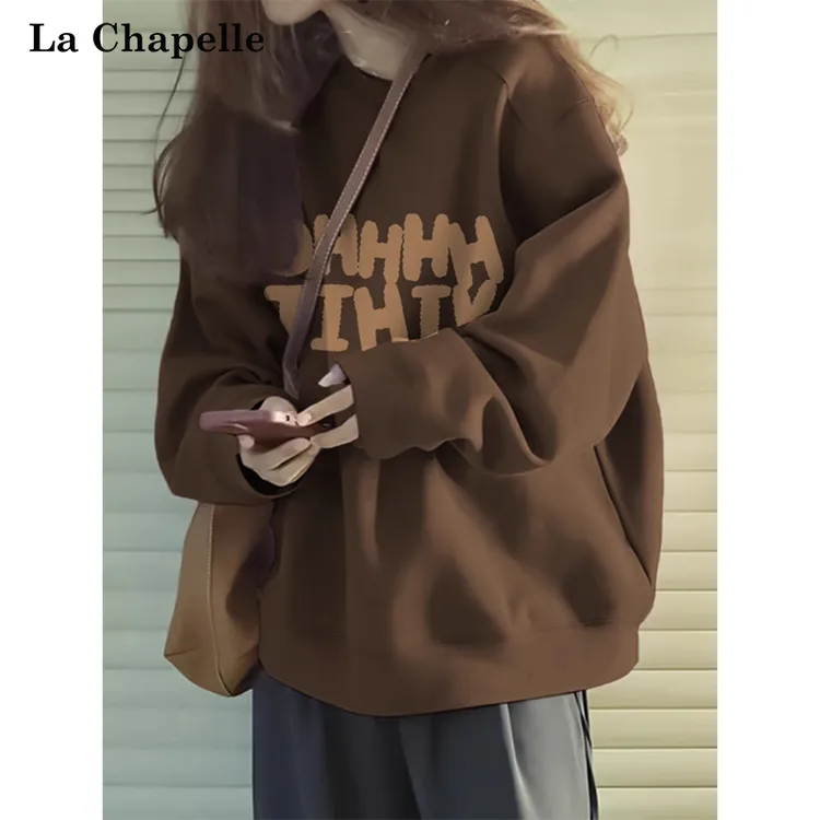 拉夏贝尔早秋新款美式复古雅丹风圆领卫衣女2025新款设计感上衣潮